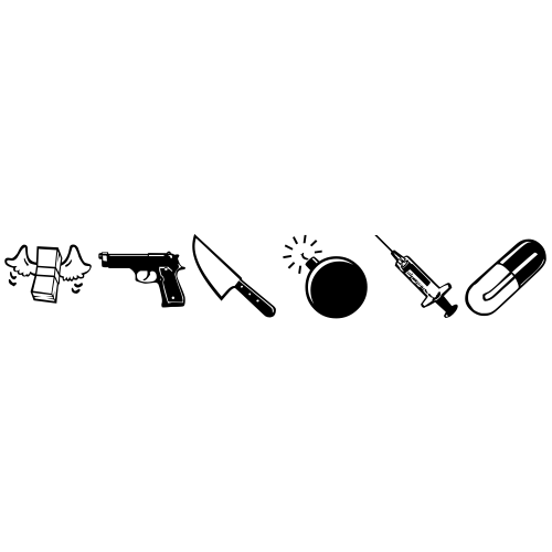 💸🔫🔪💣💉💊 Emoji Domain black and white Symbola rendering